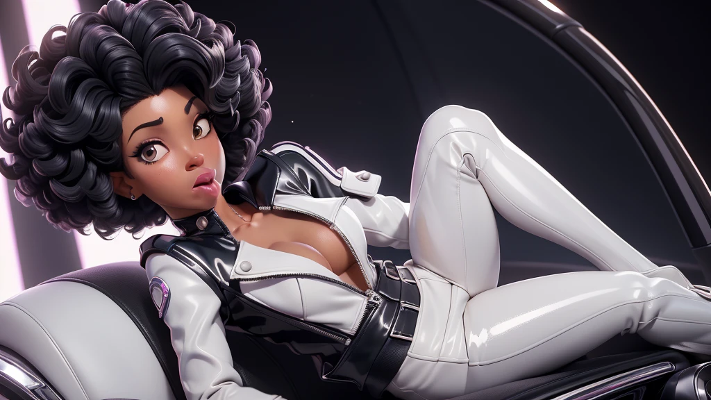 obra prima, melhor qualidade, ((two women only,)) ((sage steele, dark black skin, afro bob hair, puffy duck lips, shiny pearl lipstick,)) head back, ((sexy sultry wicked look, open mouth, pucker mouth,)) ((wearing shiny periwinkle pvc biker blazer,)) ((jacket is unzipped and wide open, small breasts, nip slip,)) jacket has padded puff shoulders, shiny leather gloves, ((shiny cream white micro mini pvc skirt,)) body is skinny, shiny tight buttocks, ((in luxury convertible, sexy tongue kissing, stick shift between legs,)) (camera view of whole body,) looking up at me, shallow depth of field, highres, HD, 8k, anatomically correct