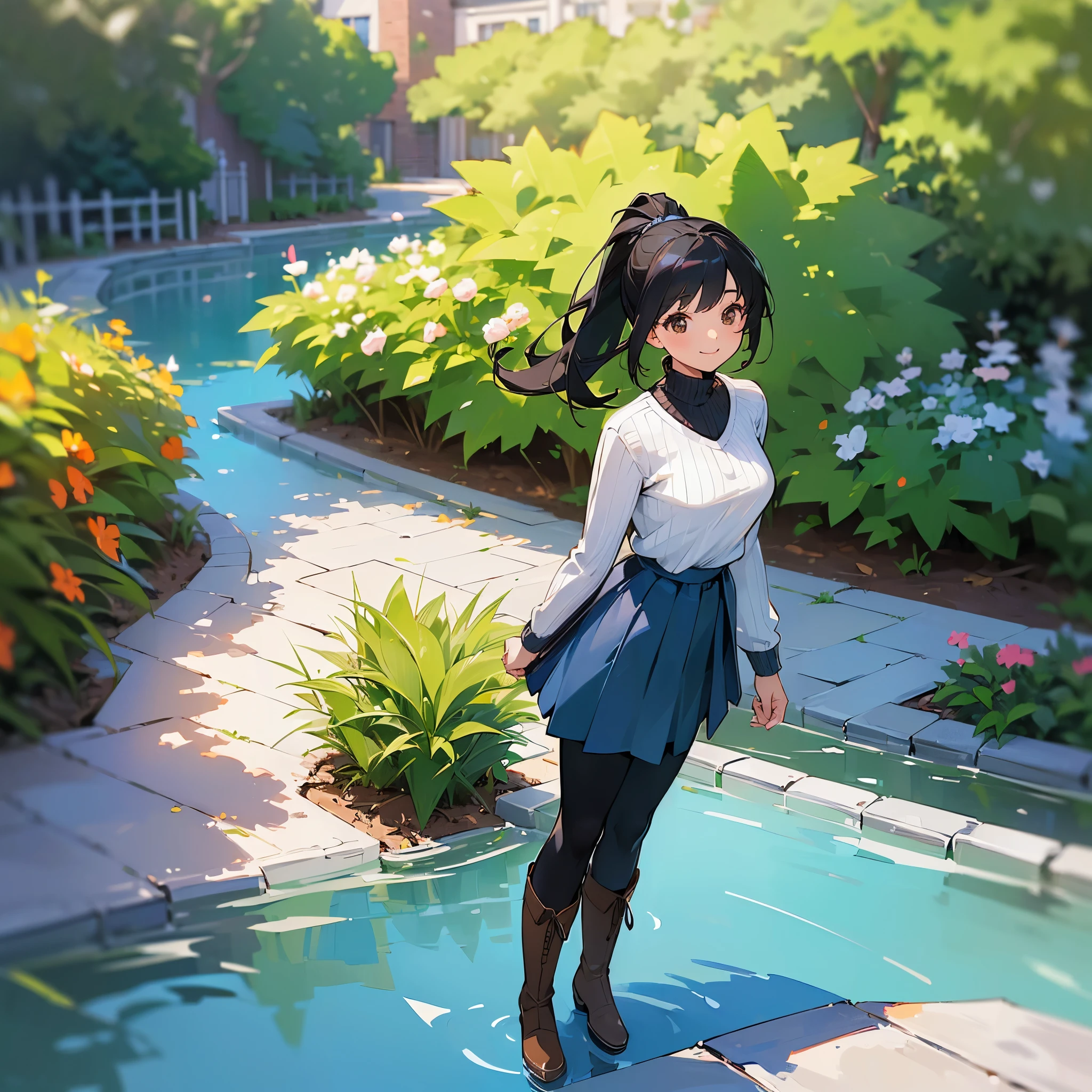 (high quality, High resolution, Very detailed, reality:1.37), Peaceful atmosphere, (Outdoor, garden), Teenage girl standing alone, (my breasts are big.), Beautiful details, Cute Smile, (Black hair ponytail), Ribbed sweater, Blue Skirt, Black tights, Brown boots.