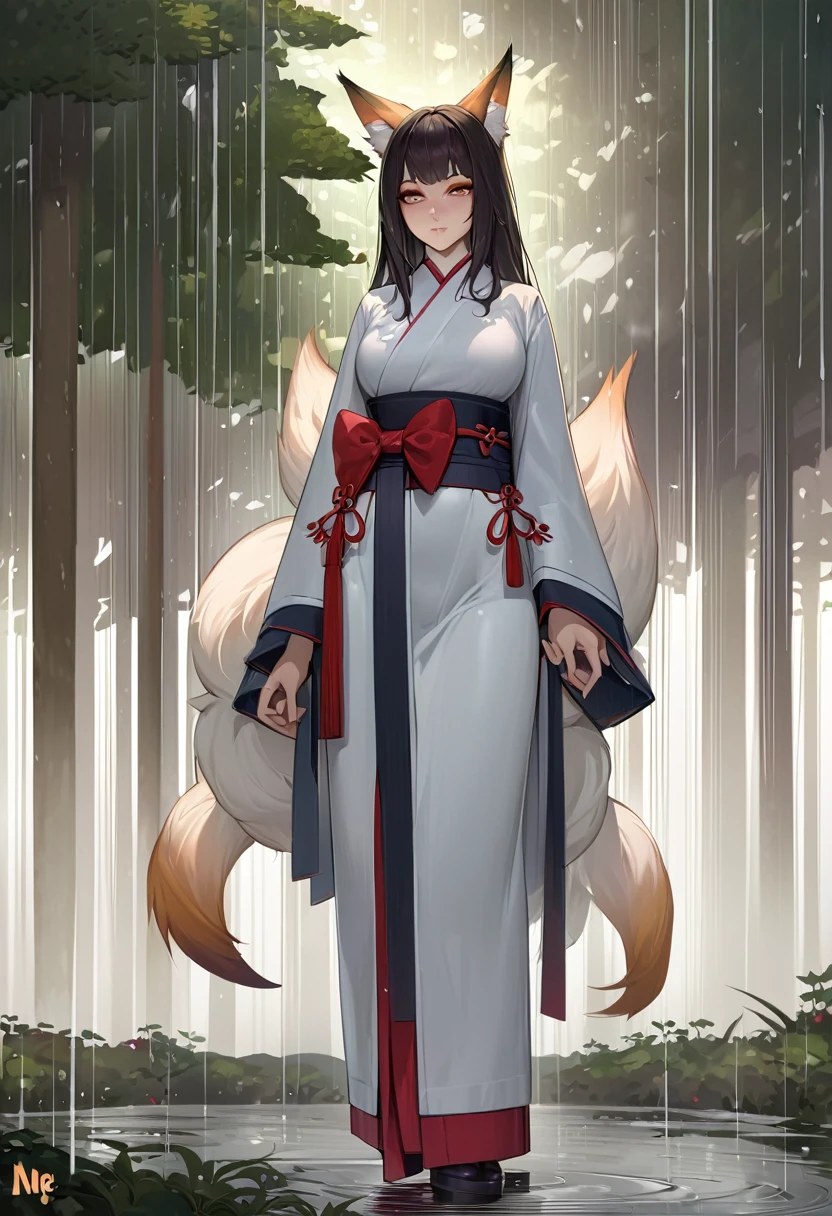 Masterpiece, Extremely detailed, ArtStation, A beautiful kitsune woman walking in a rainy forest, fox ears, nine fox tails, traditional Japanese clothing.