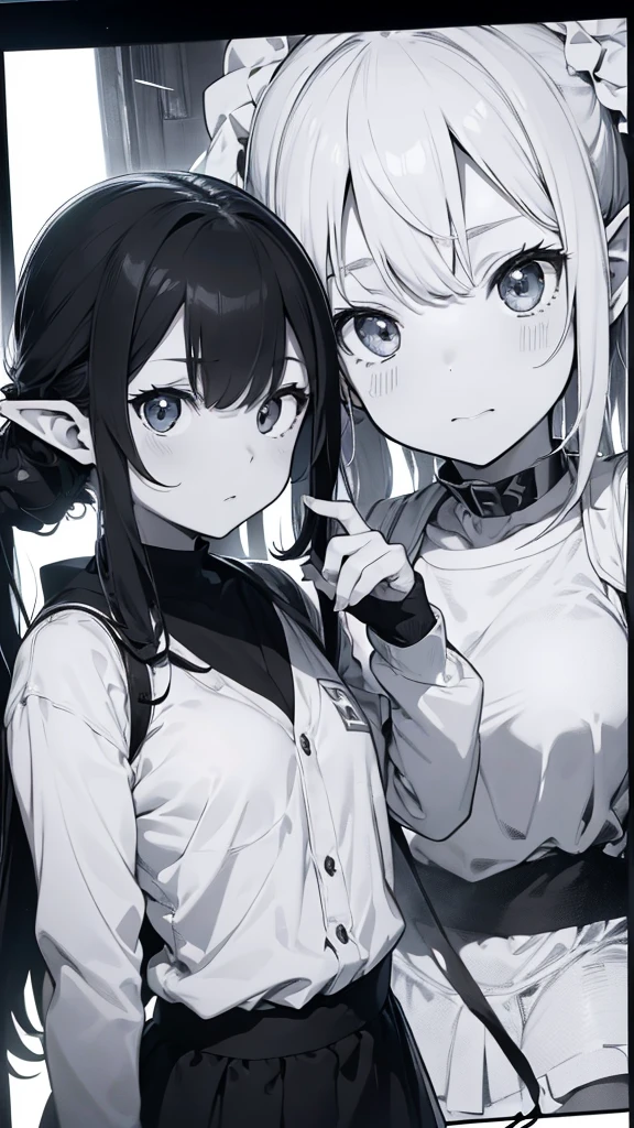 High resolution, 8K Ultra HD, ((best quality)),((white and black)), Japanese manga.  ((((3 Frame division)))). Speech bubble. Onomatopoeia. elf warrior.