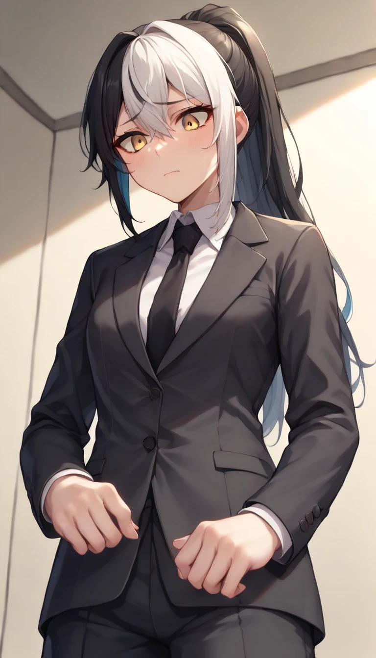 score_9, score_8_up, score_7_up, source_anime, solo, 1girl, long hair, ponytail, (two-tone hair), black hair: 50, white hair: 50, yellow eyes, worried, (looking down, small pov), standing, formal, suit, black jacket, black necktie, long sleeves, black pants, scabbard at the waist, black scabbard, background of a traditional japanese hallway, (huge breasts:1.8, stout thighs:1.8),