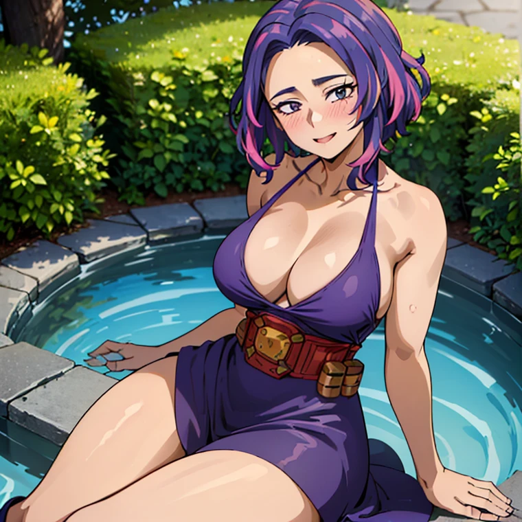 1girl, alone, lady nagant,(best quality, ultra detailed), ((full-face blush)), (detailed background:1.2), (perfect face, detailed face), looking at viewer, (mature female:1.4), smile lady_nagant, large breasts, short hair, sleeveless, streaked hair, bare shoulders, medium hair, belt, dress, purple hair,multicolored hair ,boots (garden, outdoors, sitting), perfect hands, perfect anatomy ((en bikini de color blanco "se resalte  las tetas" y  toda mojada)), *(("cara de excitada sacando la lengua" ))* (("en bikini ")) ((las piernas abiertas a en pose sexy en bikini))(( "sin falda" )) (("mostrando las bragas")) ((pose sexy mostrando sus  atributos)) ((las piernas abiertas viendo para la cámara mostrando bragas))