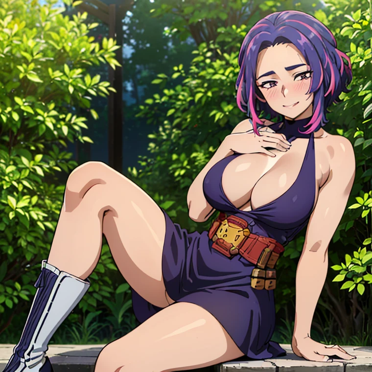 1girl, alone, lady nagant,(best quality, ultra detailed), ((full-face blush)), (detailed background:1.2), (perfect face, detailed face), looking at viewer, (mature female:1.4), smile lady_nagant, large breasts, short hair, sleeveless, streaked hair, bare shoulders, medium hair, belt, dress, purple hair,multicolored hair ,boots (garden, outdoors, sitting), perfect hands, perfect anatomy ((en bikini de color blanco "se resalte  las tetas" y  toda mojada)), *(("cara de excitada sacando la lengua" ))* (("en bikini ")) ((las piernas abiertas a en pose sexy en bikini))(( "sin falda" )) (("mostrando las bragas")) ((pose sexy mostrando sus  atributos)) ((las piernas abiertas viendo para la cámara mostrando bragas))