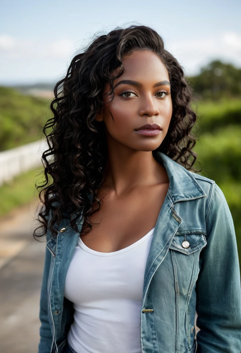 Photo Urban profile: Woman on the side, with her face turned towards the urban horizon, highlighting both the person and the scenery in the background. Woman was wearing jeans, white shirt and denim jacket. Completely Arafed woman with green eyes, eyes open and head held high. Confident pose, confident pose, beautiful young black woman with dark skin, Brazilian mixed race black woman, beautiful 30 year old Afro-Latina girl, beautiful African and Latin woman, Brazilian and Angolan descent, a black woman, mixing African and indigenous features, a unique mix of indigenous, African and European ebony. The hair is extremely curly, with well-defined and voluminous curls. The natural texture. Her hair is long, falling in voluminous waves around her shoulders and down her back. The hair has a lot of volume, creating a full, dense appearance. The hair is black. green eyes, eye is green, green and expressive eyes, beautiful green eyes, realistic green eyes, detailed green eyes (eyeliner, long eyelashes). Perfect eyebrows and are thick. the nose is small and proportional, beautiful face. Attractive and irresistible mouth, well-defined lips, full lips, voluminous lips, seductive lips. The face is oval, with high cheekbones and a well-defined chin, a beautiful and detailed face. Professional, dramatic makeup, a more impactful look with shadows that accentuate the captivating look, Striking makeup, with eyeliner, black lipstick. Skin tone: Olive skin, healthy and with uniform shine, with olive skin, dark skin, sexy girl with skin brunette, detailed skin texture, beautiful and glowing skin, intricate details, smooth skin, healthy and radiant appearance. A woman has a well-defined and athletic body. Her silhouette is shapely, highlighting a thin waist in contrast to fuller hips and bust. She has a prominent bust, with large, firm breasts, silicone breasts, voluminous breasts. Thin waist. The hips are wide and well-defined, with a pronounced hourglass shape and a large butt. The leg