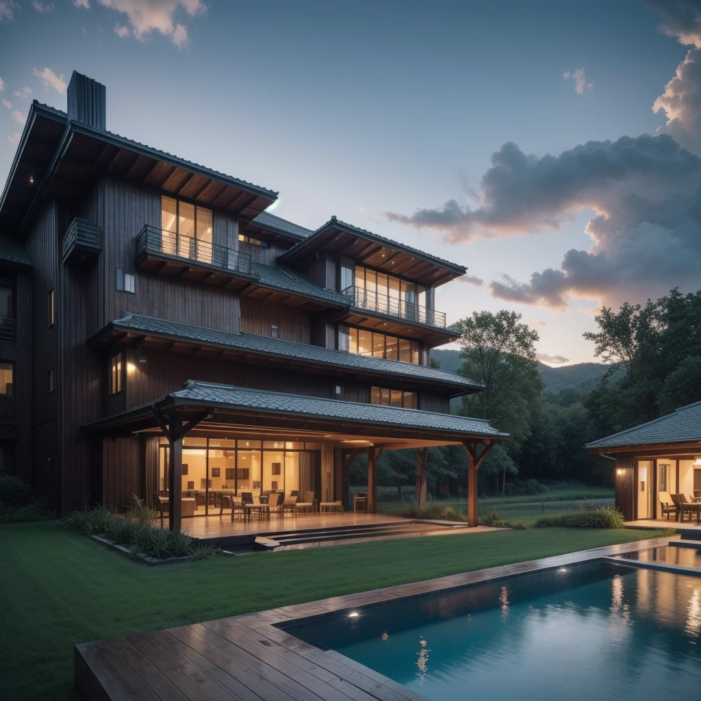 Generate an image of a farm hotel that features a 7-story Zaha Hadid-style tower with wood and metal texture with infinity pool and horizontal landscape at dusk in high quality, 8k UHD