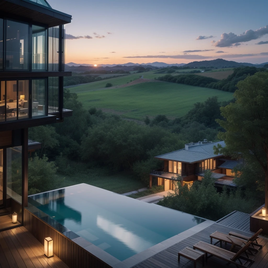 Generate an image of a farm hotel that features a 7-story Zaha Hadid-style tower with wood and metal texture with infinity pool and horizontal landscape at dusk in high quality, 8k UHD