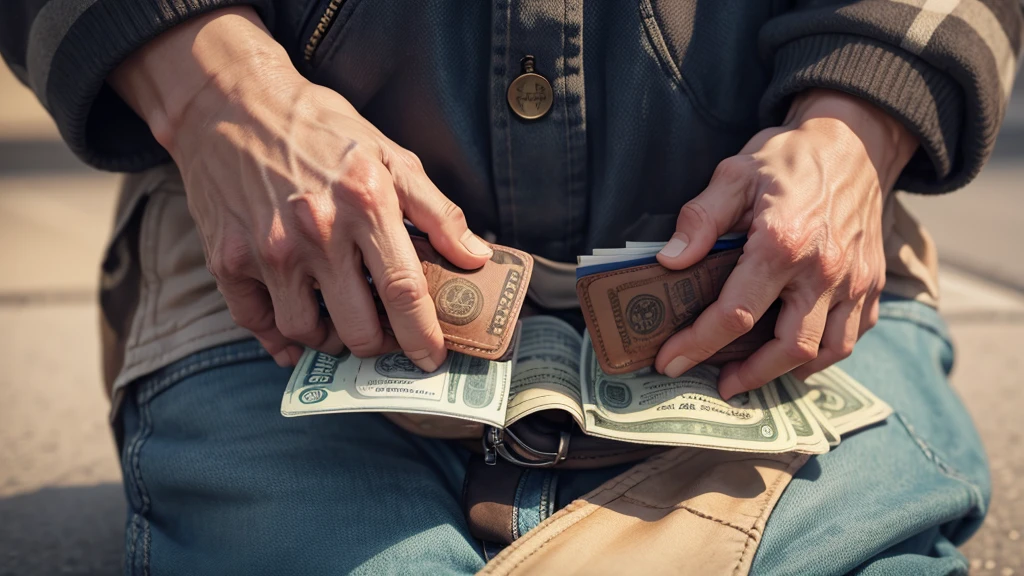 a poor hand of a homeless holding a wallet full of money