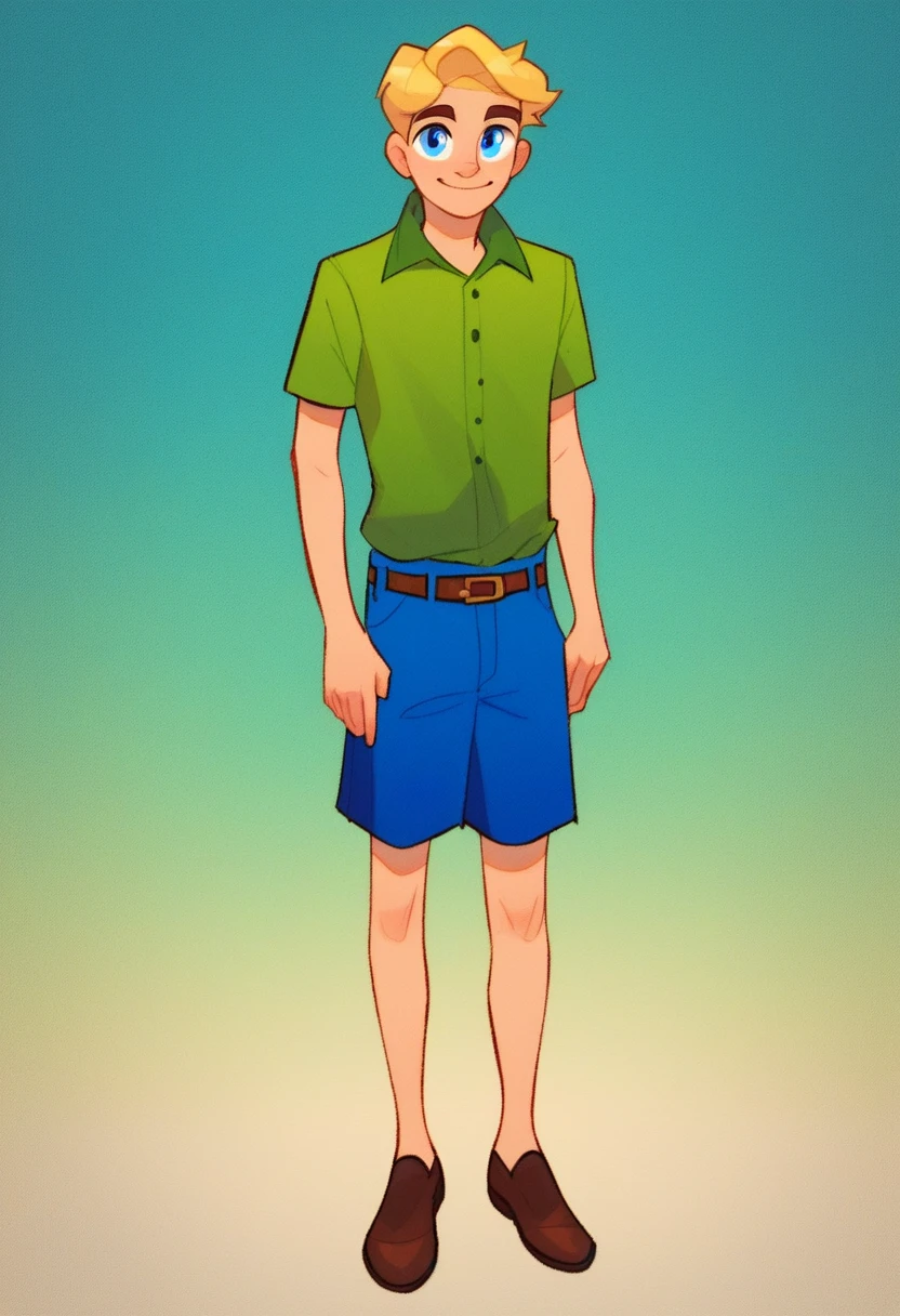 hank_huckerdoo, solo, looking at viewer, smile, short hair, blue eyes, blonde hair, front yard, green lawn, shirt, 1boy, standing, full body, male focus, lime green golf shirt, blue trouser shorts, brown belt, blond hair, brown shoes, tall