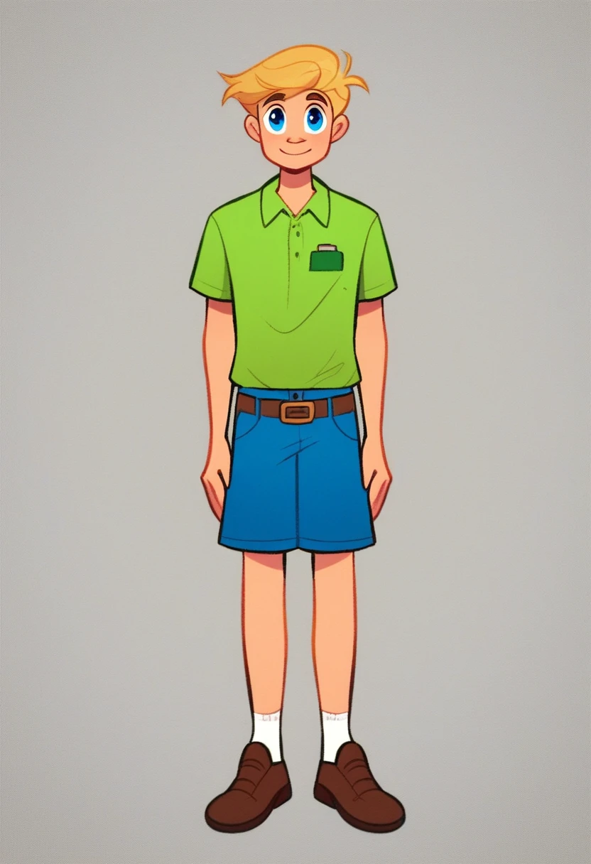 hank_huckerdoo, solo, looking at viewer, smile, short hair, blue eyes, blonde hair, front yard, green lawn, shirt, 1boy, standing, full body, male focus, lime green golf shirt, blue trouser shorts, brown belt, blond hair, brown shoes, tall