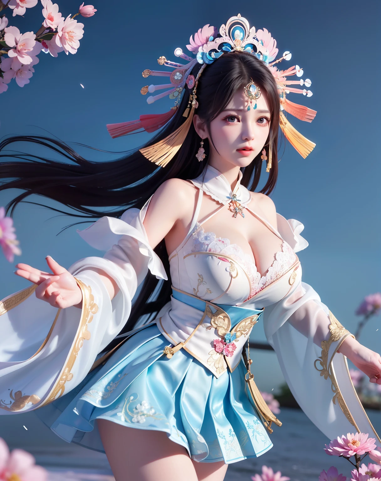 (8k, RAW photo:1.2), best quality, ultra high res,dramatic angle,(fluttered detailed color splashs), (illustration),(((1 girl))),(long hair),(rain:0.9), (Headdress:1.4),There is an ancient palace beside the girl,Hanfu,(Key Points),Color ink painting,(Splash of Color),Splash of Color,(((colorful))),(sketch:0.8) , Masterpiece, best quality, beautiful painted, highly detailed,(denoising:0.6),[splash ink],((ink refraction)), (beautiful detailed sky),moon,highly,detaild,(masterpiece, best quality, extremely detailed） CG Unity 8k Wallpaper，masterpiece，best quality，Ultra Detailed），（Lycoris）.shoulder ballet dress open V-chested clothes Thin silk lace dress short skirt , (huge ，cleavage),, white pink, blue ，best qualtiy，tmasterpiece，Ultra-high resolution，（Reality：1.4），RAW photogr，（True skin texture：1.3），（filmgrain：1.3），（Selfie angle），1个Giant Breast Girl，Beautiful eye and face details，tmasterpiece，Best quality at best，，The chest more exposed， detailed hair, bra pink , detail 8k, full body, lace petticoat. play guzheng