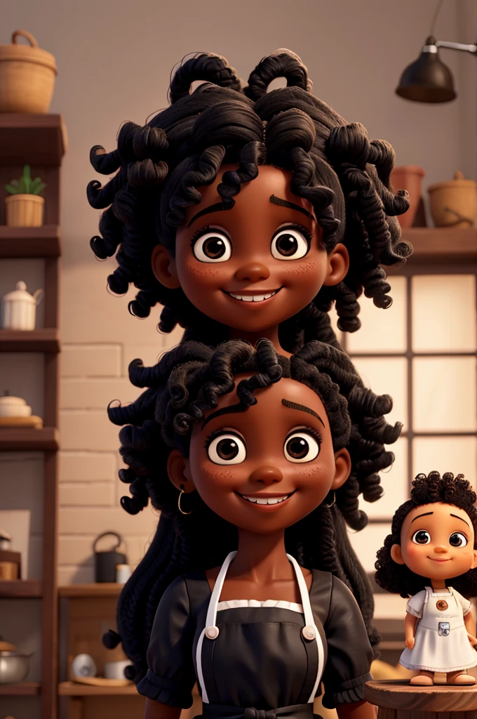 Uma boneca negra de cabelo cacheado e Grinning, and a black doll with curly hair, Grinning, with white apron