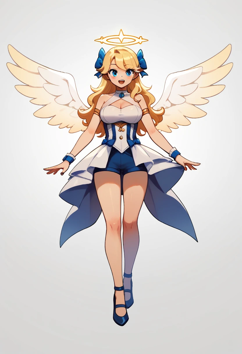 Garota de anime com asas de angel e um halo em sua cabeça, angelic wings on her back, angel largo, angel majestoso de corpo inteiro, super angel largo, highest rated on pixiv, by Shitao, angel, high resolution commission, possivelmente um angel, angel baixo, epic angle and pose, oc commission, fullbody commission for, pixiv