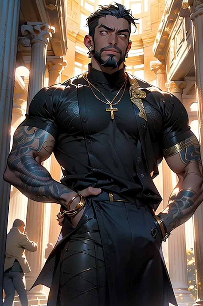 (man:1.5),1 man,male, muscle, 1boy, muscle, pectoral, muscular, Mature man,45 year,1 man,macho man,((crop haircut,:1.5,undercut:1.5,black hair,nice hair style,)),(((black very short beard, black very short beard,nice beard style,barbershop style beard))), (((gold_eyes:1.3))),intricate eyes,beautiful detailed eyes,symmetrical eyes,thicc, ((detailed face)),macho man,(((dark skin:1.5))),black skin:1.35,dark skin:1.3,ebony skin,((angry)),
(male african prince),prince,((african,black race,african traits,african race)),elegant,
powerful,heroic,nsfw,
(open toga, arab fashion,arab toga, jeans,white shirt, masculine features, modern style,arab clothes),(((dark yellow toga, dark yellow toga outfit, wearing a dark yellow toga:1.3,arab dark yellow toga))),(arab jewelry,intricate necklace),((bulge in pants)),(((intricate outfit,intricate clothes,ornate outfit))),
(dynamic pose:1.0),embarrassed,smile,(centered,scale to fit dimensions,Rule of thirds),
inside,indoor,((room in a greek temple:1.3,columns of a greek temple:1.3)),scenery:1.25,((intricate scenery)),((winter decorations)),
(Glossy winter ornaments),highres,sharp focus,(ultra detailed,extremely detailed),(photorealistic artwork:1.37),(extremely detailed CG unity 8k wallpaper),(((vibrant colors,vibrant theme))),(intricate),(masterpiece),(best quality),artistic photography,(photography taken by sldr),(intricate background),perfect rendered face,perfect face details,realistic face,photo realistic,analog style,((intricate detail)),(((realism))),