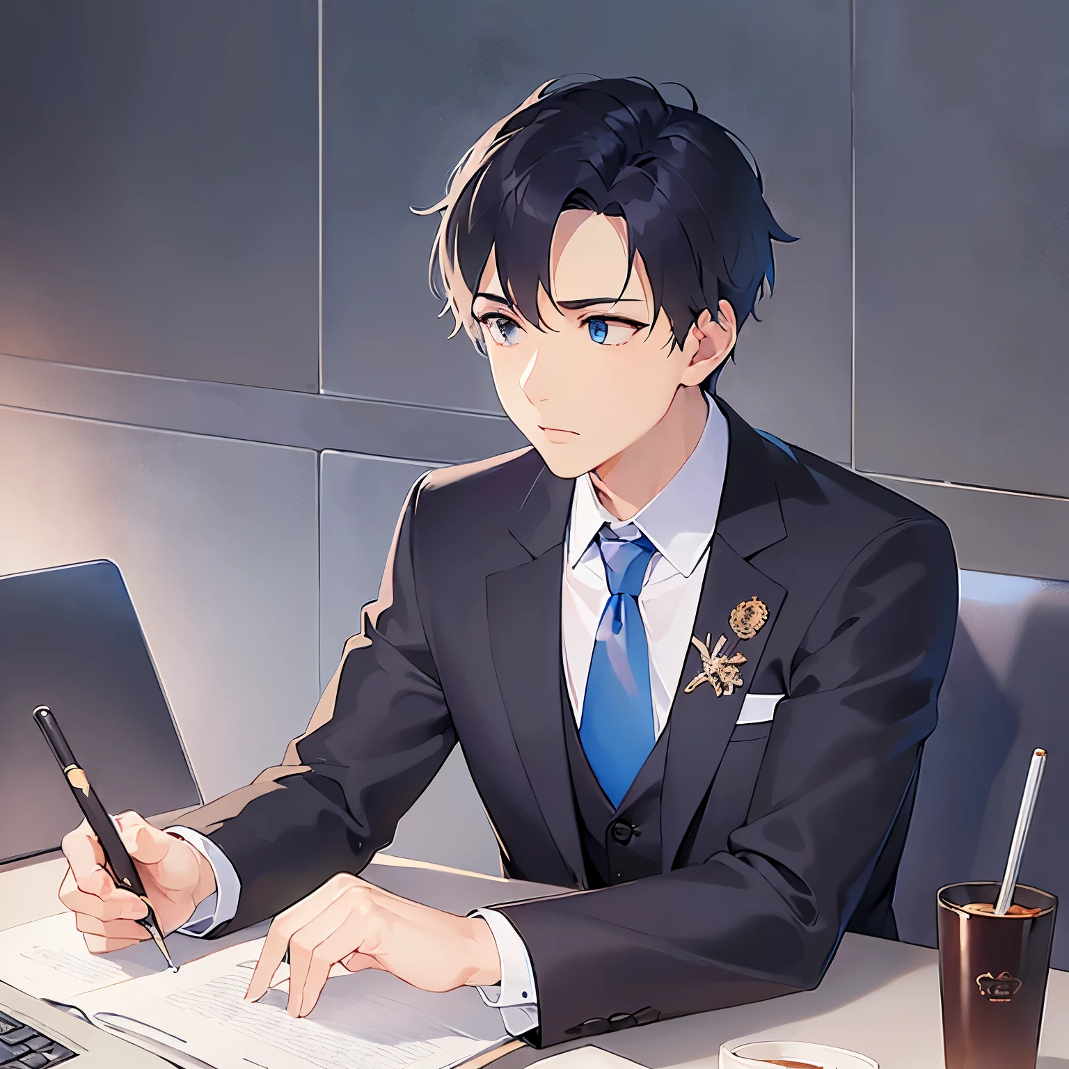 (looking away:1.5),upper body、
shiny skin, masterpiece、Highest quality、(25-year-old male:1.5) and (Black short hair) and (blue eyes)
 (Wearing a suit:1.5) and (Blue tie)、
serious、Background is an office room、(Alone:1.5)