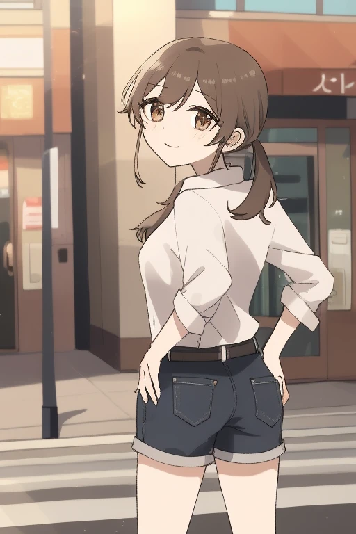 anime, waifu, exceptional, best aesthetic, new, newest, best quality, masterpiece, BREAK 1girl, hand on hip, shirt, shorts, brown hair, twintails, brown eyes, smile, street, rating_safe, from behind