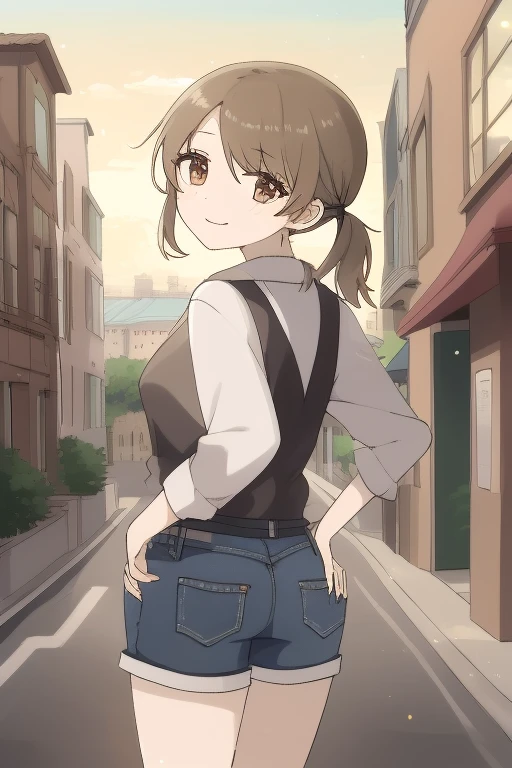 anime, waifu, exceptional, best aesthetic, new, newest, best quality, masterpiece, BREAK 1girl, hand on hip, shirt, shorts, brown hair, twintails, brown eyes, smile, street, rating_safe, from behind