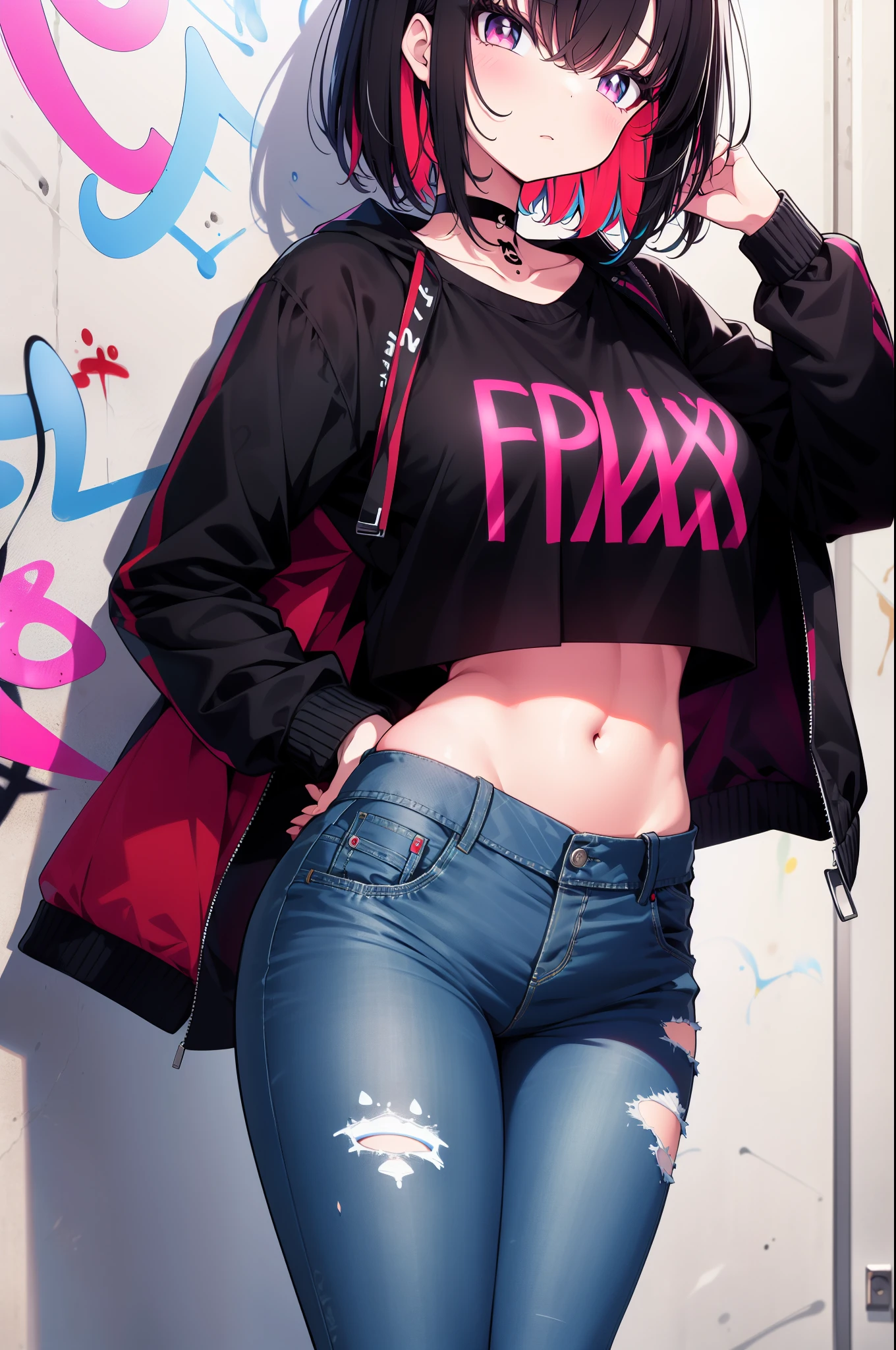 (best quality, ultra-high resolution, depth of field:1.2), 1woman, toned body, black hair, streaked hair, short hair, bangs, medium breasts, black crop top, crop top overhang, choker, jacket, wide hips, denim jeans, (highleg panties:1.1) (graffiti:1.4), paint-stained clothes, slouching, against the wall, upturned eyes, head tilt, expressionless