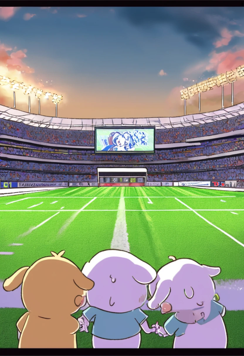 Cinnamoroll in blue shirt and Pompompurin in white shirt. Football Stadium. Sanrio animation style and illustration, high quality illustration, beautiful colors. Good anatomy of the character. 