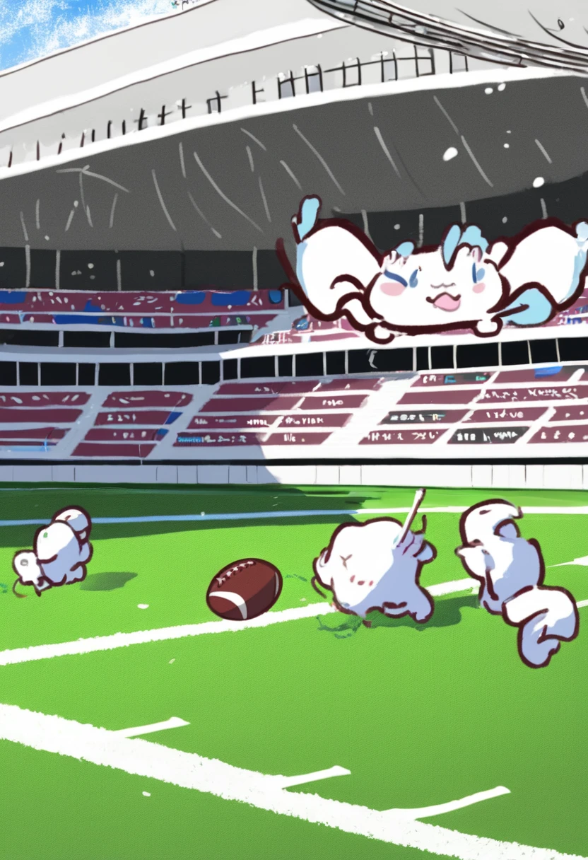 Cinnamoroll in blue shirt and Pompompurin in white shirt. Football Stadium. Sanrio animation style and illustration, high quality illustration, beautiful colors. Good anatomy of the character. 