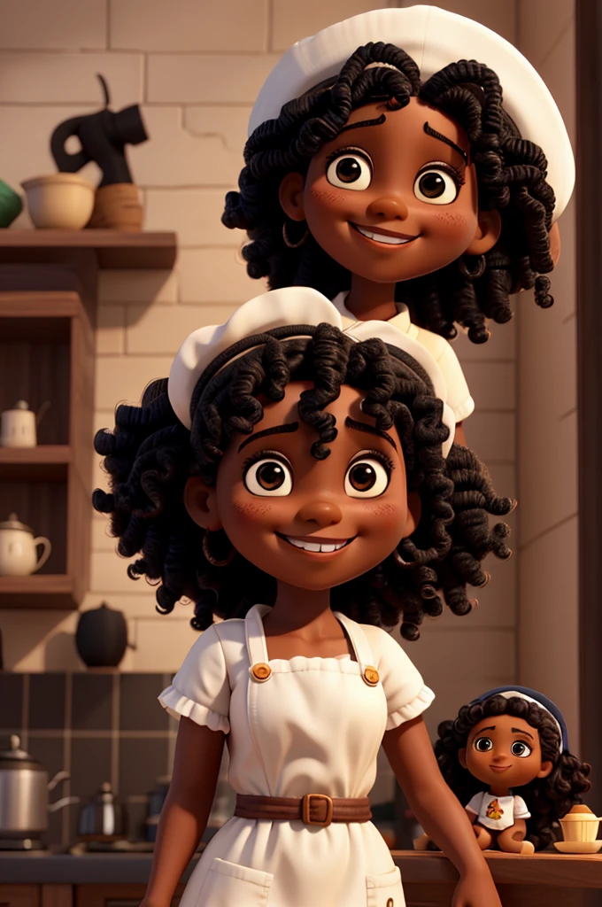 Uma boneca negra de cabelo cacheado e Grinning, and a black doll with curly hair, Grinning, with white apron and pastry hat
