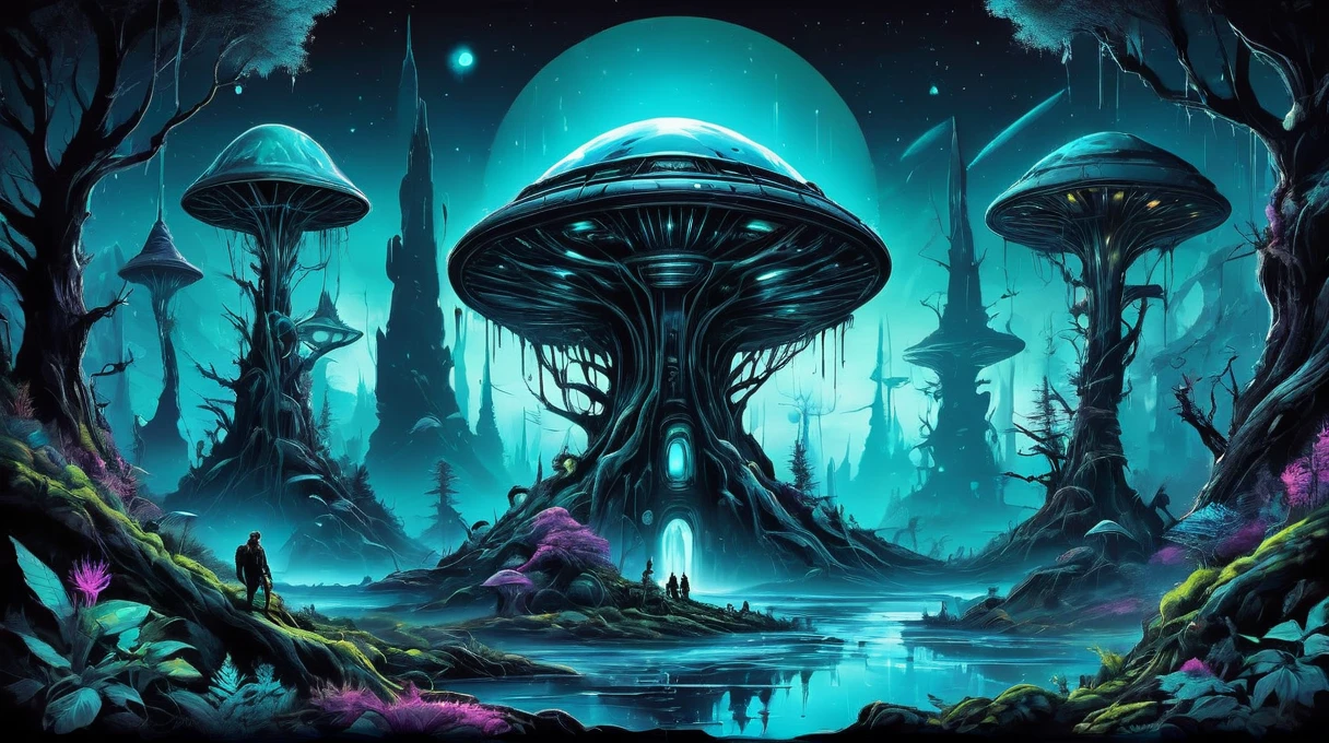 Alien Civilization, Alien forest seems frozen in time, Bioluminescence, T-shirt design AF, Ink punk style