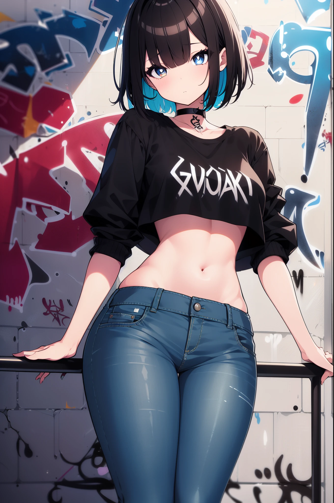 (best quality, ultra-high resolution, depth of field:1.2), 1woman, toned body, black hair, streaked hair, short hair, bangs, medium breasts, black crop top, crop top overhang, choker, jacket, wide hips, denim jeans, highleg panties, (graffiti:1.4), paint-stained clothes, slouching, against the wall, upturned eyes, head tilt, expressionless