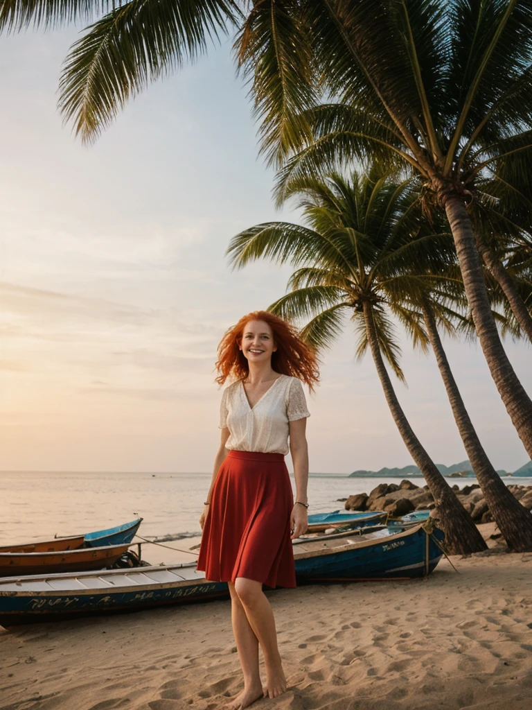 RAW PHOTO, her name is Mia, high quality, 1 old woman, ((40-year-old guitar shaped body irish woman)), (((40 years old))), ((guitar shaped body)), wide hips, (wrinkled body), (old body), (((red hair))), (pale skin), ((green eyes)), she is wearing a stylish flirty crochet skirt and top (different colors), happy, smiling POSE: standing, BREAK, BACKGROUND: outdoor: tropical beach at dawn, pastel sky, gentle waves, soft light, seashells, palm trees, boats