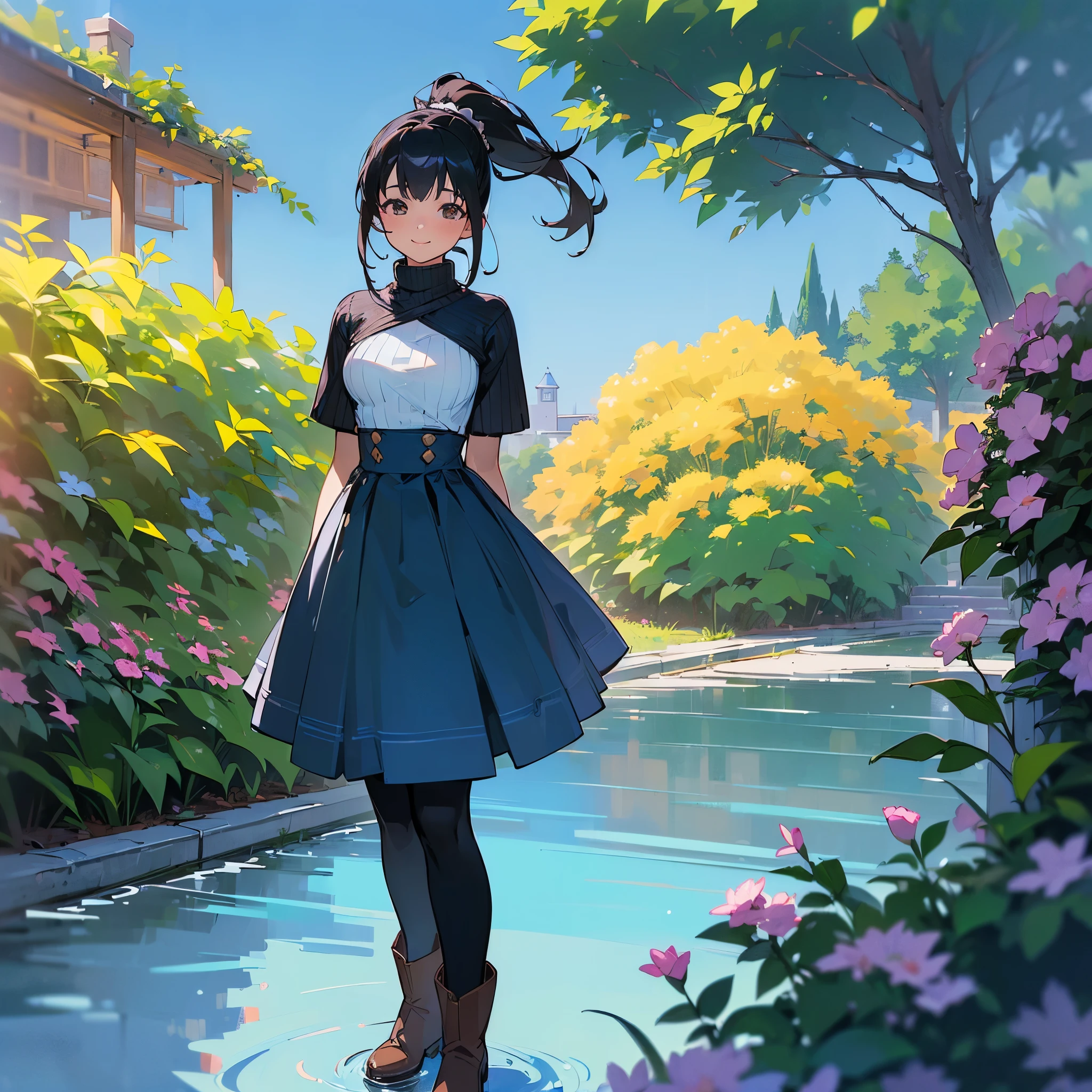 (high quality, High resolution, Very detailed, reality:1.37), Peaceful atmosphere, (Outdoor, garden), Teenage girl standing alone, (my breasts are big.), Beautiful details, Cute Smile, (Black hair ponytail), Ribbed sweater, Blue Skirt, Black tights, Brown boots.
