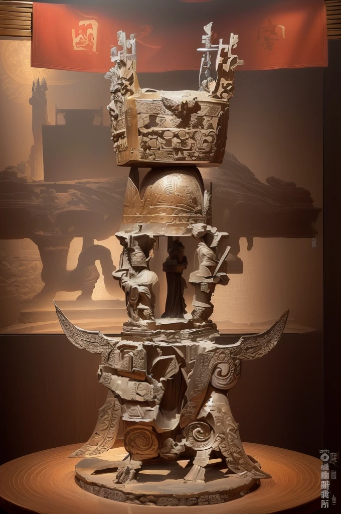 There is a statue of a man on the bronze base of Sanxingdui，There is a square tripod on it.,三星堆Bronze headdress, Dongshan Bronze Ware, Museum artifacts, Bronze headdress, Mediocrity on a pedestal, Dongshan Bronze Ware, Museum items, crown, Moon Ancient Silver Tower, Ifa, ancient&quot;, museum collection, An ancient，masterpiece，Rich details，High Definition