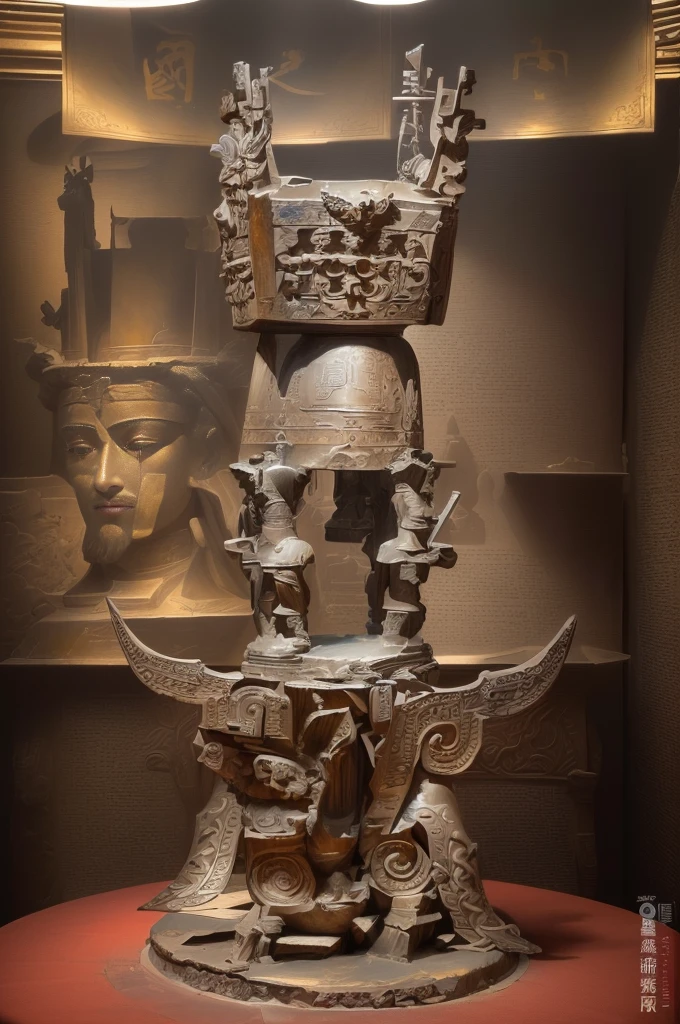 There is a statue of a man on the bronze base of Sanxingdui，There is a square tripod on it.,三星堆Bronze headdress, Dongshan Bronze Ware, Museum artifacts, Bronze headdress, Mediocrity on a pedestal, Dongshan Bronze Ware, Museum items, crown, Moon Ancient Silver Tower, Ifa, ancient&quot;, museum collection, An ancient，masterpiece，Rich details，High Definition