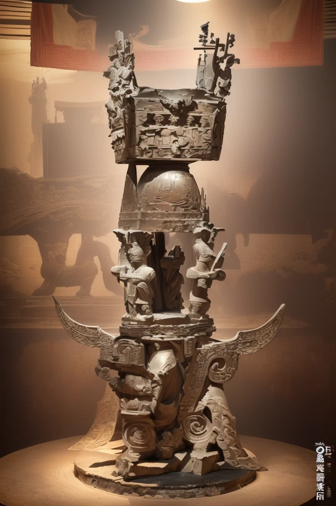 There is a statue of a man on the bronze base of Sanxingdui，There is a square tripod on it.,三星堆Bronze headdress, Dongshan Bronze Ware, Museum artifacts, Bronze headdress, Mediocrity on a pedestal, Dongshan Bronze Ware, Museum items, crown, Moon Ancient Silver Tower, Ifa, ancient&quot;, museum collection, An ancient，masterpiece，Rich details，High Definition