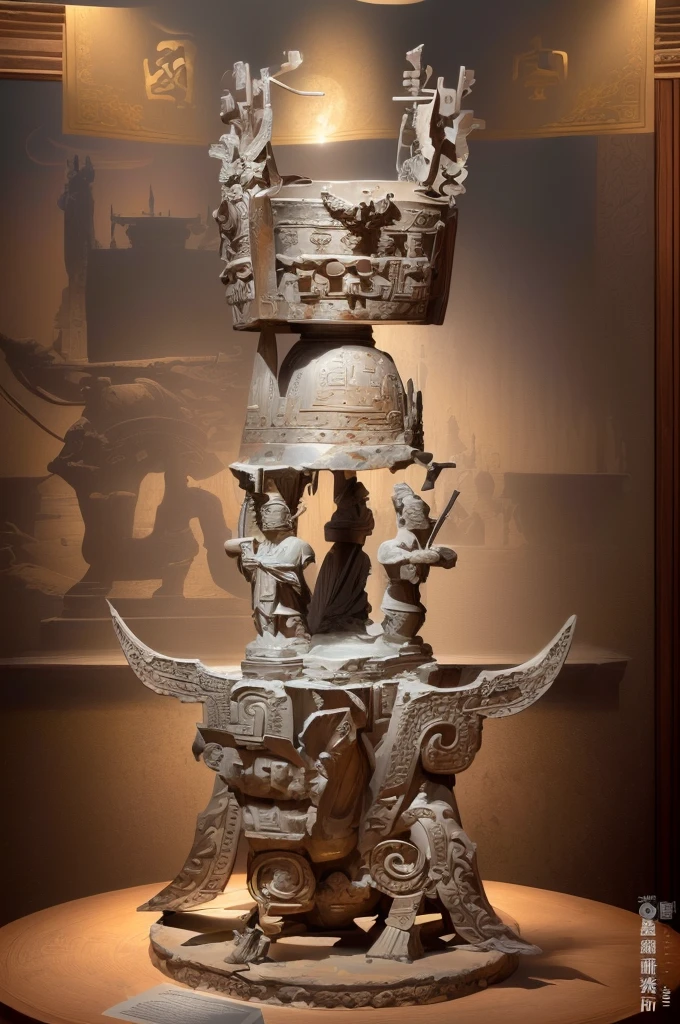 There is a statue of a man on the bronze base of Sanxingdui,There is a square tripod on it.,三星堆Bronze headdress, Dongshan Bronze Ware, Museum artifacts, Bronze headdress, Mediocrity on a pedestal, Dongshan Bronze Ware, Museum items, crown, Moon Ancient Silver Tower, Ifa, ancient", museum collection, An ancient,masterpiece,Rich details,High Definition