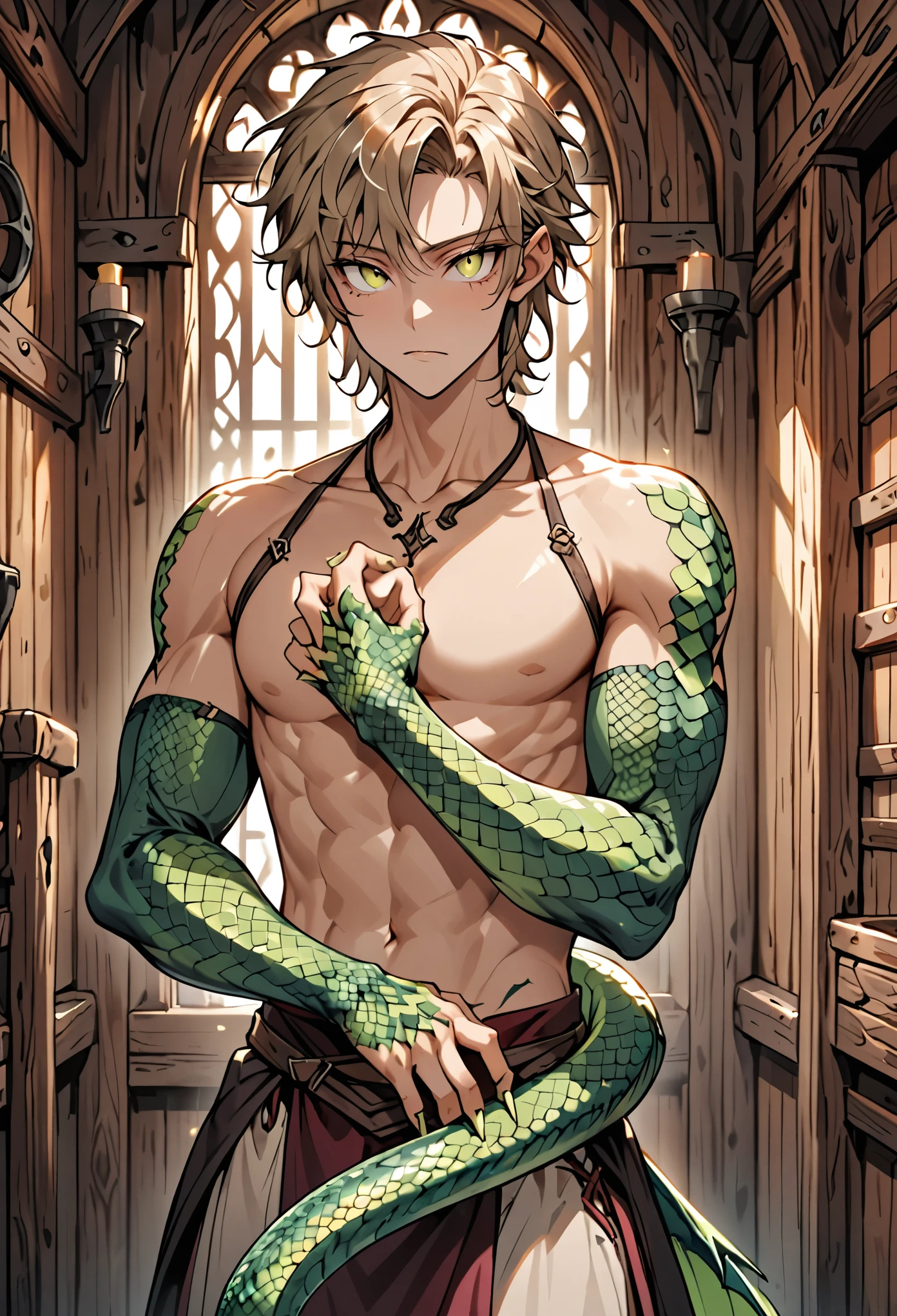 Masterpiece, best quality, score_9, score_8_up, score_7_up, 1boy, ((solo)), ((shota)), lamia, lamia monsterboy, boy, green scales, scales pattern, multicolor scales, yellow belly, tan skin, brown skin, hazel eyes, slit pupils, green hair, short hair, (rattail hair, short ponytail), pointy ears, slave collar, reserved, mysterious, looking at viewer, white background, no background, full body, slave clothes, rags