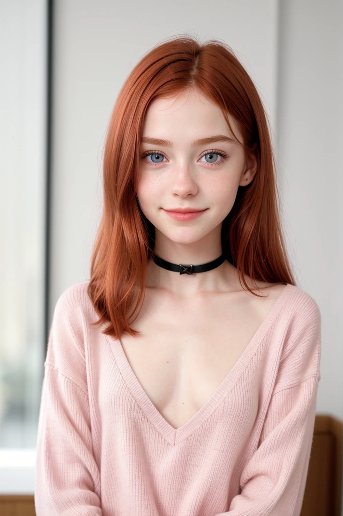 raw photo,(13yo skinny redhead girl:1.2), cheek dimples, blushing, graphic eyeliner, rouge, (lipstick:0.6), (choker:0.9), realistic skin texture, oversize knit sweater, (red:0.8), softcore, warm lighting, cosy atmosphere, instagram style, nsfw , naive, shy, short, thin, fit, beautiful, cute, pale skin, just a little smile.