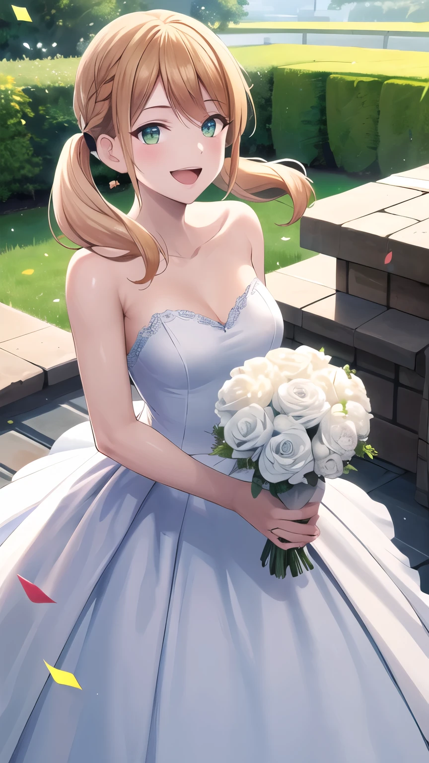 masterpiece, best quality, highres, 1girl, solo, blonde hair, low twintails, green eyes, wedding dress, strapless, smile, open mouth, holding bouquet, standing, cowboy shot, garden, confetti,