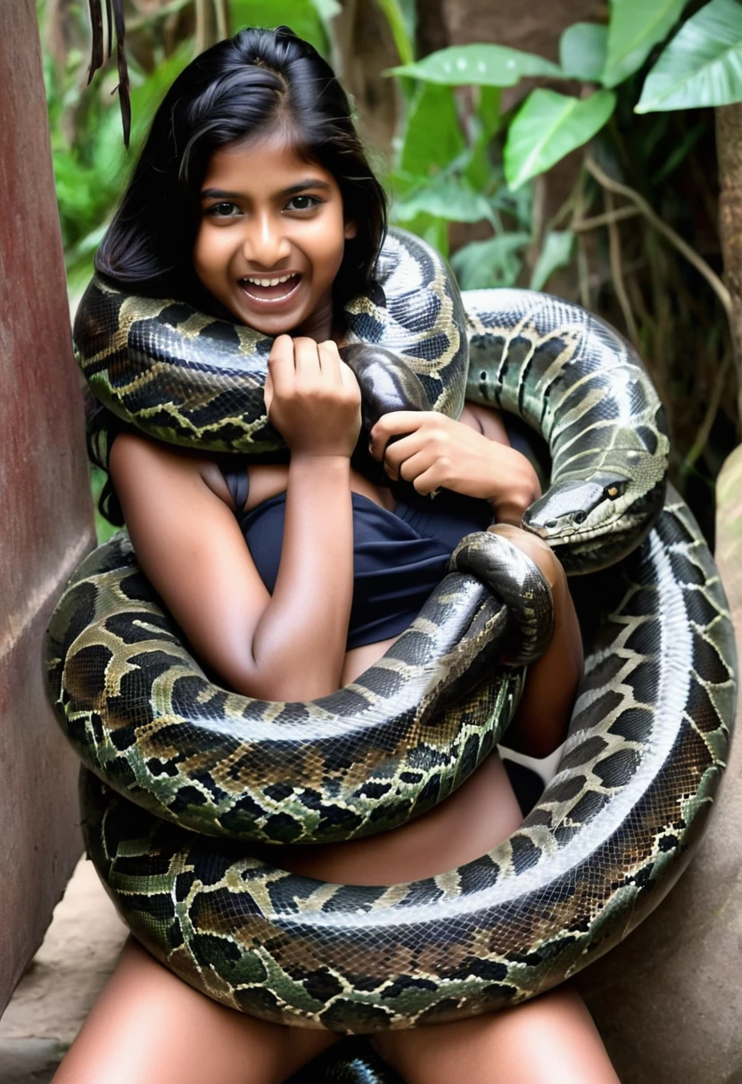  Happy Horny, aroused 1girl), beautiful   Indian  young teen girl with  giant colossal Kaa monster squeezing her hard, wrapped in thick spiraling coils, constricted, struggle, gasping for air, snake attack, snake peril,