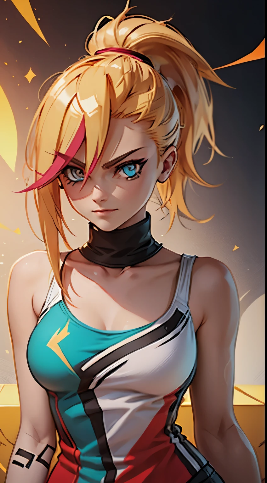 young girl,  ultrs long blonde hair, Hairpin with a bundle, turquoise eyes, Yakuza tattoos, red tight uniform, Sleeveless, Wide neckline on the chest to the abdomen, Gold Elements, Red gold armor, Shorts, claws, smirk, Masterpiece, hiquality, 4k, HD, Good detail