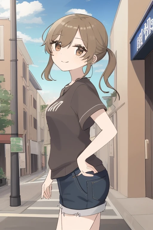 anime, waifu, exceptional, best aesthetic, new, newest, best quality, masterpiece, BREAK 1girl, hand on hip, shirt, shorts, brown hair, twintails, brown eyes, smile, street, rating_safe, from side