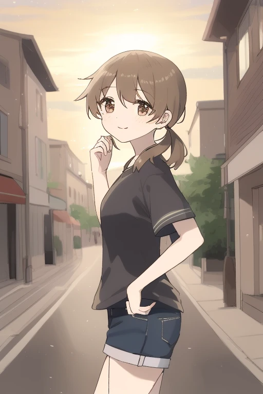 anime, waifu, exceptional, best aesthetic, new, newest, best quality, masterpiece, BREAK 1girl, hand on hip, shirt, shorts, brown hair, twintails, brown eyes, smile, street, rating_safe, from side