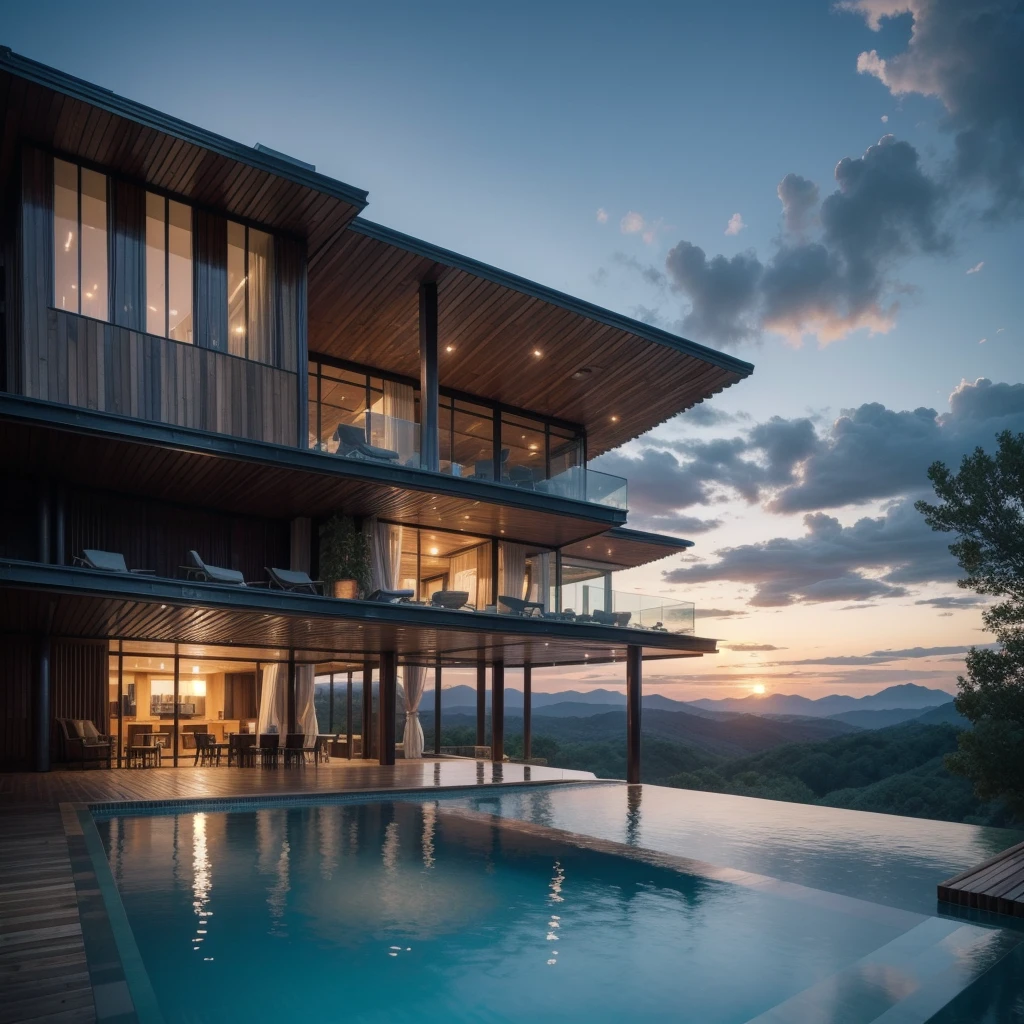Generate an image of a farm hotel that features a 17-story Zaha Hadid-style tower with wood and metal texture with infinity pool and horizontal landscape at dusk in high quality, 8k UHD