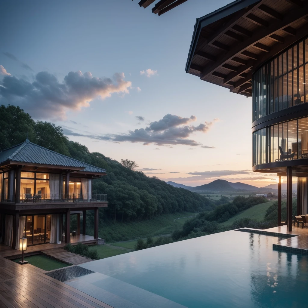 Generate an image of a farm hotel that features a 17-story Zaha Hadid-style tower with wood and metal texture with infinity pool and horizontal landscape at dusk in high quality, 8k UHD