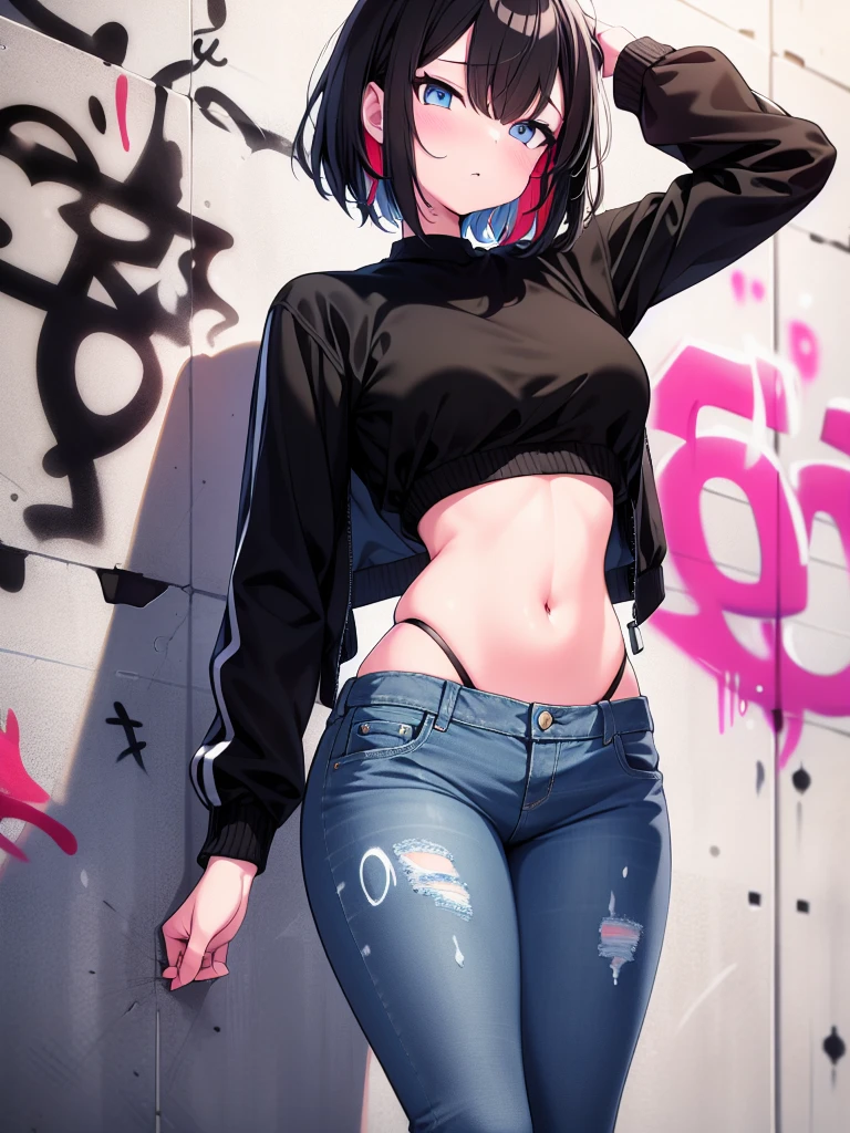 (best quality, ultra-high resolution, depth of field:1.2), 1woman, toned body, black hair, streaked hair, short hair, bangs, upturned eyes, medium breasts, black crop top, crop top overhang, jacket, wide hips, highleg panties, (denim jeans:1.2), (graffiti:1.4), paint-stained clothes, slouching, against the wall, head tilt, expressionless