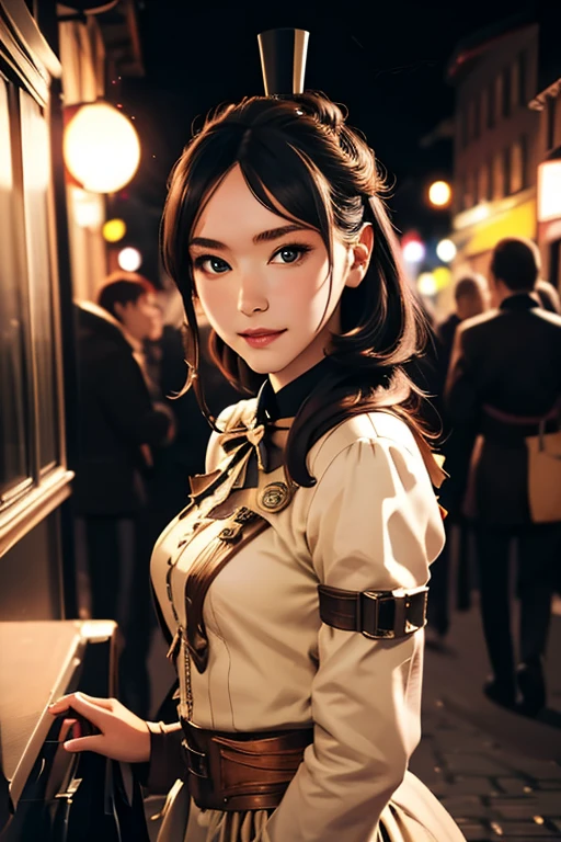 Highest quality High resolution Stockholm at night Cute woman in steampunk costume