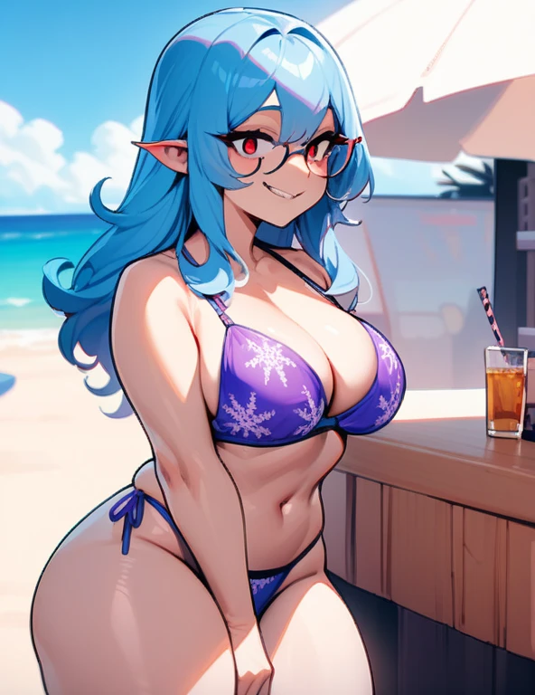 (masterpiece), best quality, expressive eyes, perfect succubus girl hybrid face, long cyan and blue hair, scarlet red eyes, glasses, perverted smile, purple erotic bikini with pink snowflake print on the bra, round and large perfect breasts, thick thighs, beach, he wants to kiss you while you are heading to a bar, nfsw