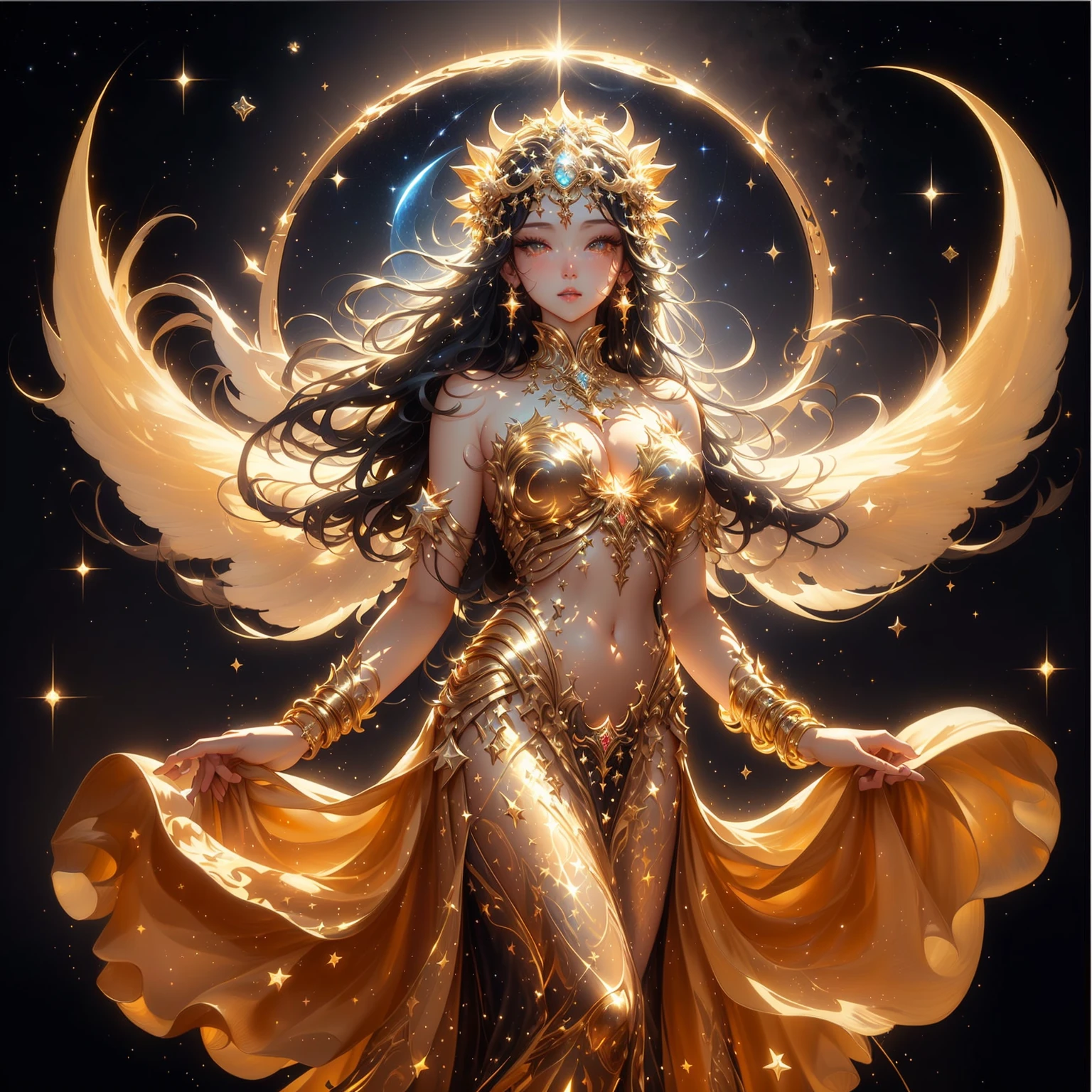 A woman in a golden dress stands in front of a starry sky., celestial goddess, beautiful heavenly mage, gorgeous goddess of leo, Argerm Julie Bell Beeple, goddess of light, moon goddess, as the goddess of the sun, Carole Bak and Peter Mohbacher, goddess. Very high detail, goddess of the sun, lunar goddess , Saw the navel. , star background , black hair , golden sparkle
