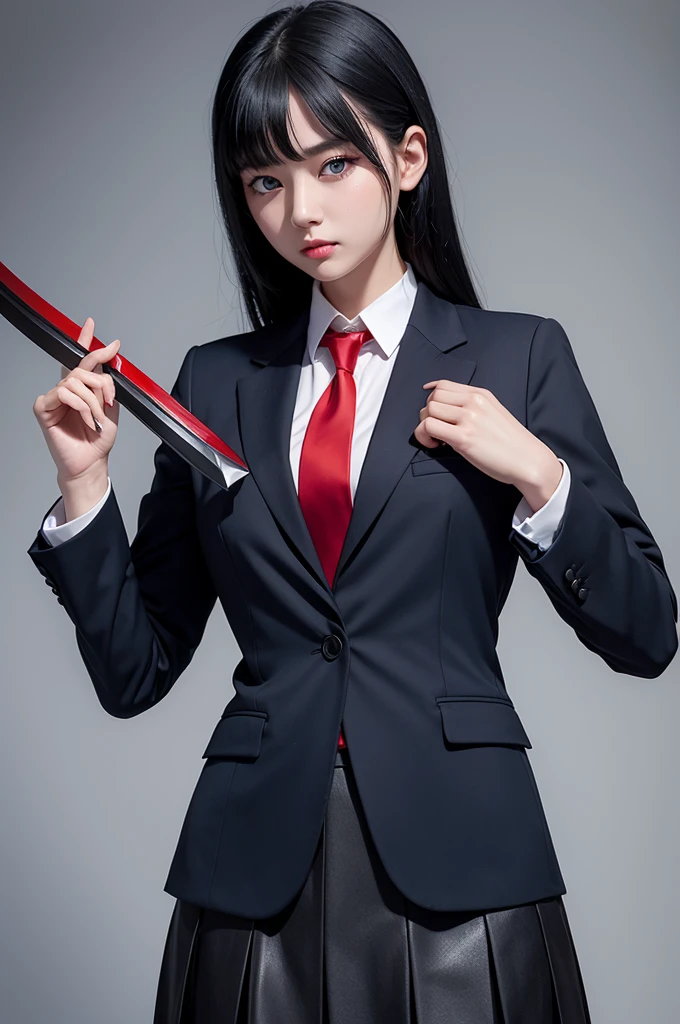 Girl with black hair and blue eyes wearing a suit jacket and skirt with a red tie holding a katana 
