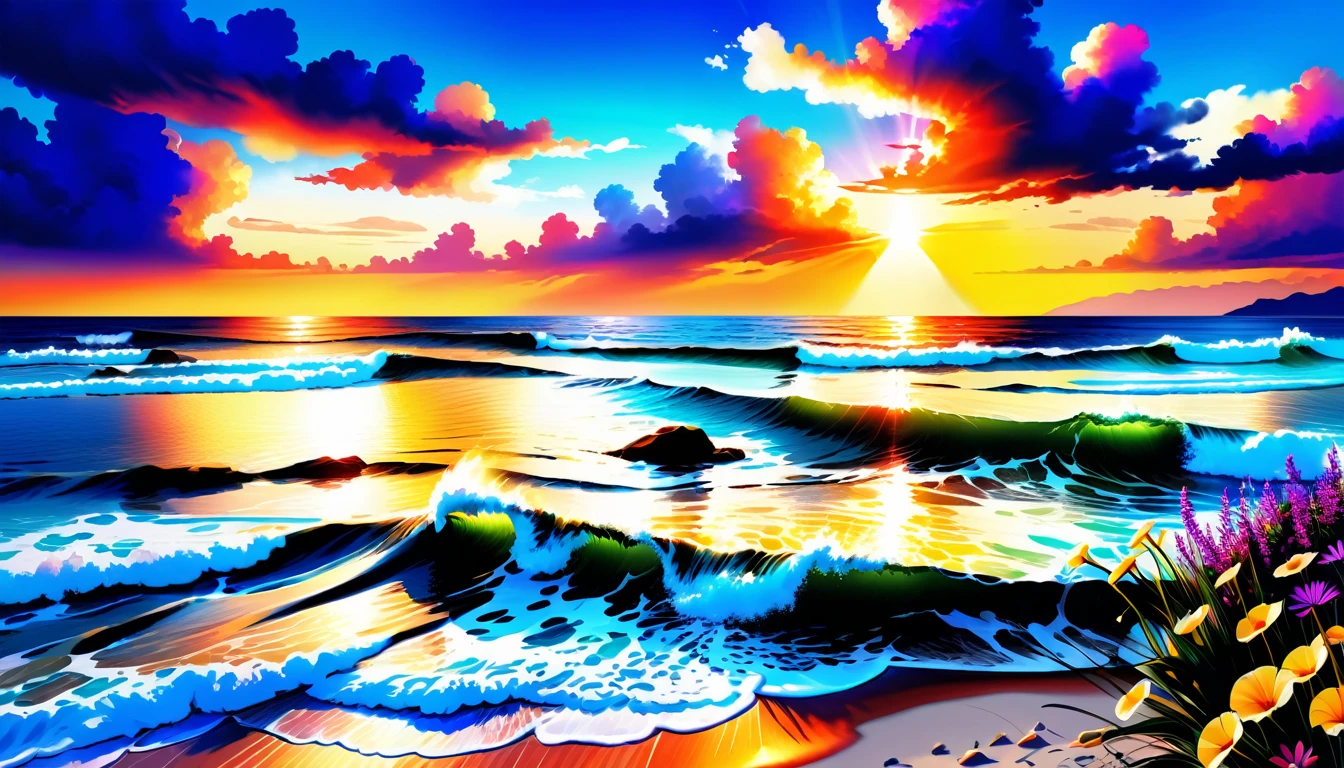 The background of the picture is peaceful by the sunset sea, and the sun was shining brightly, The waves crash against the beach, colorfyl Flowers bloom on the beach, Melodious sound, Strange clouds stand out, first-person view, panorama, UHD,(Best Quality),(Masterpiece Photos), (Details:1.4),(8k Highly Detailed)(Best Quality),(Best Shading)

