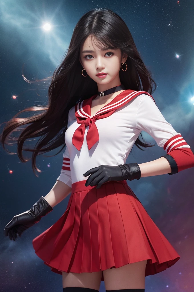 ((HD Real, Same 1 level)), Extremely realistic, masterpiece, Highest quality, High resolution, Same 1, space, Stunning beauty, Upper Body Shot, 1 girl, chest, gloves, lips, alone, Sailor Mars, Purple eyes,  uniform, Show more1, tiara, sailor warrior uniform, (RAW Photos, Highest quality), masterpiece, 浮かぶ長いBlack Hair, Red Sailor Collar, bow, choker, 白いgloves, red choker, 肘用gloves, jewelry, Earrings, Red Skirt, only, whole body, Black Hair, (Perfect hands): 3.8, Octane Rendering, Goddess of Fire, (close: 1.2) In detail, Beautiful Eyes, close, Small eyes, Show Viewer, to8 contrast style, Octane line drawing, space background, Mars, There&#39;s flames all around her, Red Flame, Intense gaze, Clear Eyes, Hands down