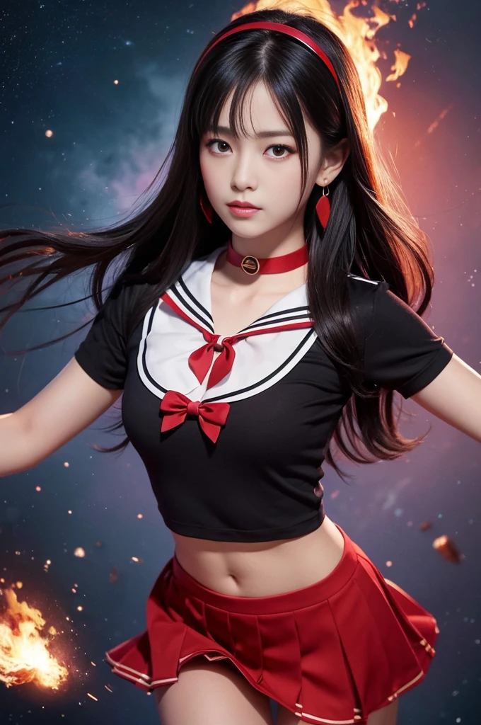 ((HD Real, Same 1 level)), Extremely realistic, masterpiece, Highest quality, High resolution, Same 1, space, Stunning beauty, Upper Body Shot, 1 girl, chest, gloves, lips, alone, Sailor Mars, Purple eyes, uniform, Show more1, tiara, sailor warrior uniform, (RAW Photos, Highest quality), masterpiece, 浮かぶ長いBlack Hair, Red Sailor Collar, bow, choker, 白いgloves, red choker, 肘用gloves, jewelry, Earrings, Red Skirt, only, whole body, Black Hair, (Perfect hands): 3.8, Octane Rendering, Goddess of Fire, (close: 1.2) In detail, Beautiful Eyes, close, Small eyes, Show Viewer, to8 contrast style, Octane line drawing, space background, Mars, There's flames all around her, Red Flame, Intense gaze, Clear Eyes, Hands down
