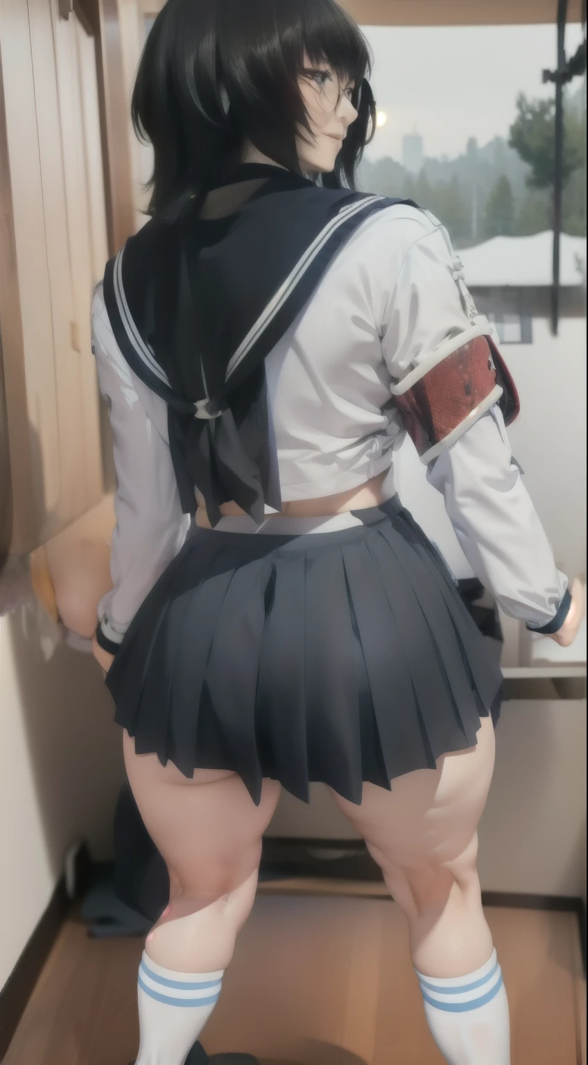 Suzuka, black hair, medium hair, atarashii gakko!!, ????? , breasts, white sling thong, blue skirt, socks, and ballet shoes, 1girl, wallpaper, sexy, firm ass, front view, on her legs, tight skirt, standing, view from behind, above view